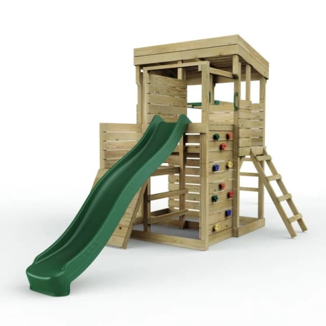 OutdoorToys 2 Tier XL Lookout Tower Playhouse with Monkey Bars & Slide for Kids in Brown Brown Unisex