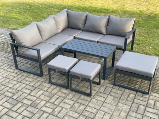 Fimous Aluminium Outdoor Garden Furniture Set Lounge Sofa Coffee Table Sets with 3 Footstools Indoor Conservatory Set Dark Grey Dark Grey Unisex
