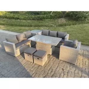 Fimous 7 Seater Outdoor Rattan Dining Sofa Complete Set with Adjustable Table, Side Coffee Table and 2 Stools