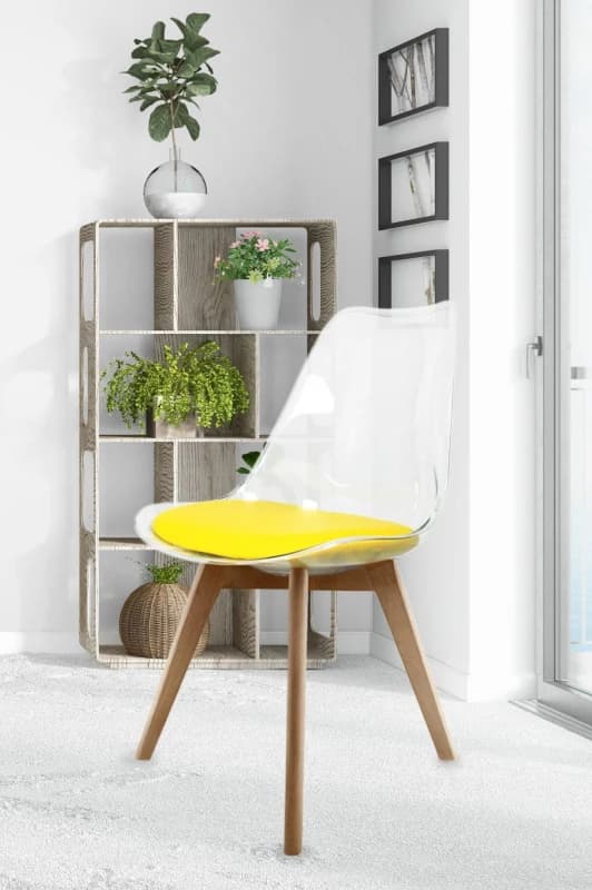 Fusion Living Soho Clear Plastic Dining Chair with Squared Light Wood Legs in Yellow Yellow Unisex