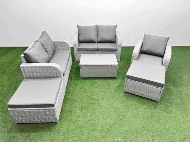 Fimous High Back Poly Rattan Garden Furniture Set with Reclining Chair Loveseat Sofa Rectangular Coffee Table Indoor Outdoor Patio Set 2 Big Stool Li