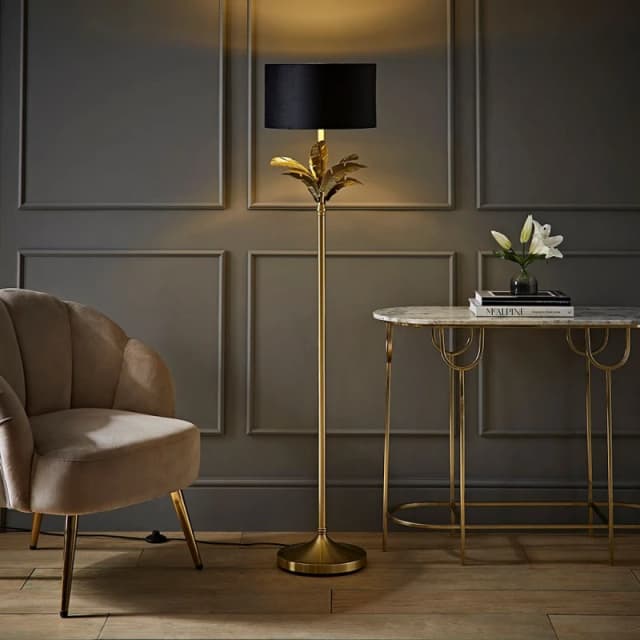 ValueLights ValueLights Christina Velvet with Gold Metallic Inner Drum Shade Gold Palm Leaf Floor Lamp in Black One Size Unisex 5059406065415