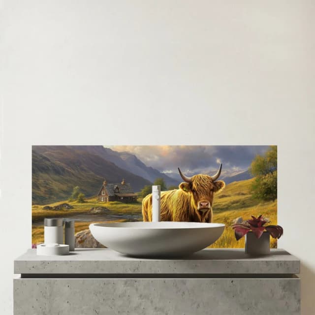 Warren Reed - Designer Springtime Highland Cow Glass Bathroom Splashback Multicolor Unisex