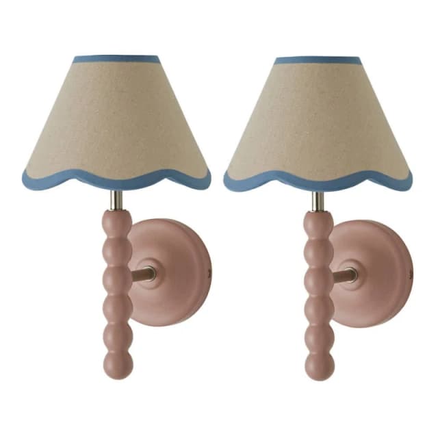 ValueLights Bobbins Pair of Pink Wall Lights with Linen Trim Lamp Shades & Bulbs in Pale Blue Pale Blue Unisex