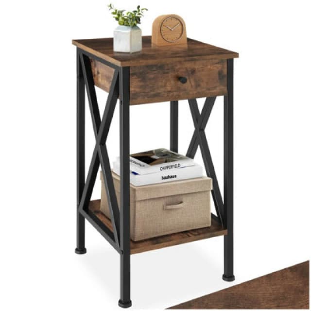 Tectake Bedside Table Dayton - Industrial Style, With 2 Shelves, Drawer, 35 X 35 X 70.5cm - Industrial Wood Dark, Rustic