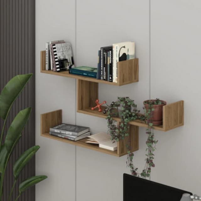 Decortie Modern Tibet Wall Mounted Shelf Display Unit Whiskey Oak W 119Cm