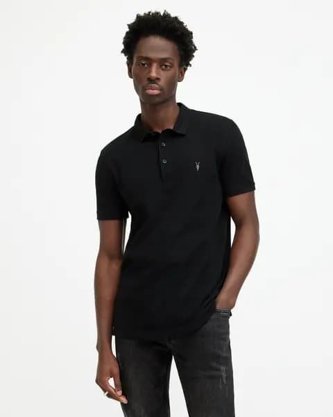 AllSaints Mens Cotton Slim Fit Reform Short Sleeve Three Button Polo Shirt, Black, Size: XL