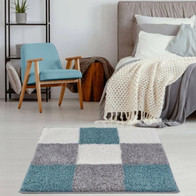 THE RUGS Fluffy & Soft Shaggy Rugs Living Room Rug - Elegant Geometric Design Carpets For Bedrooms & Kitchen 381 Size: 120cm x 120cm Duck Egg Bl