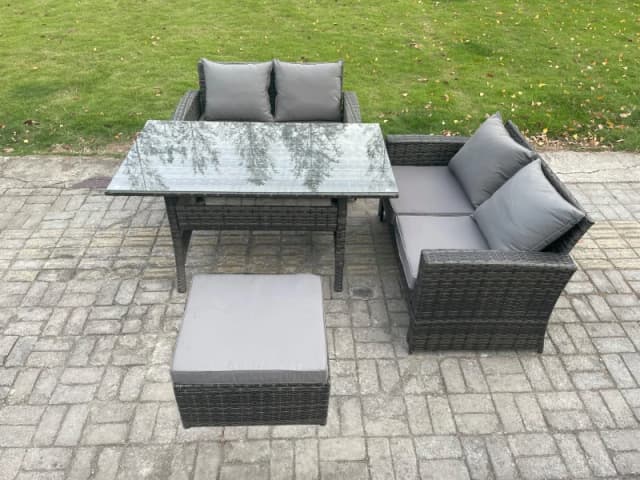 Fimous Dark Grey PE Wicker Rattan Garden Furniture Set Love Sofa Outdoor Rectangular Dining Table Big Footstool Dark Grey Unisex