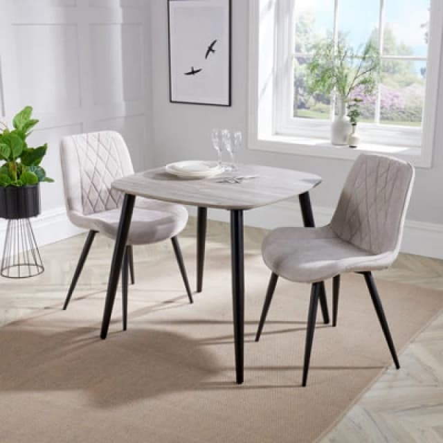 Core Products Aspen Grey Oak Effect 80Cm Square Dining Table With 2 Natural Fabric Diamond Stitch Design Chairs