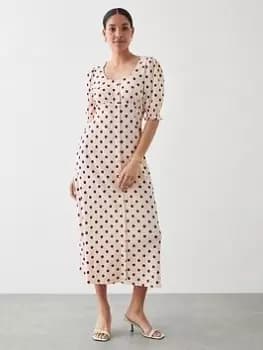 Dorothy Perkins Spot Print Shirred Cuff Midi Dress - Red, Size 10, Women