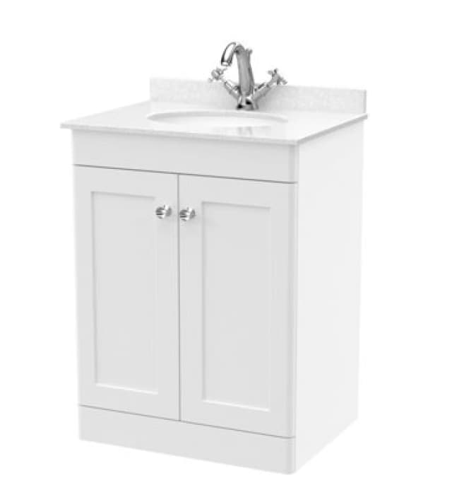 nuie 600mm Floor Standing 2 Door Vanity & Marble Top 1TH - Satin White CLC125WR1