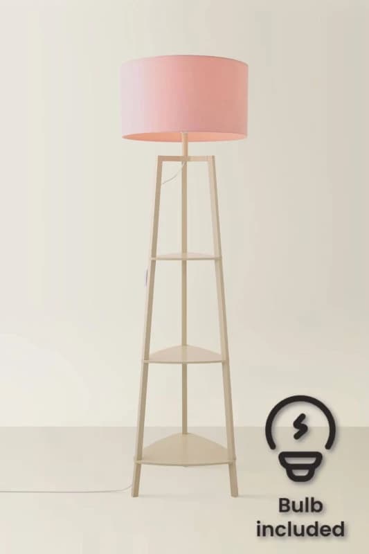 ValueLights ValueLights Hiru Cream 3 Tier Wooden Shelf Floor Lamp with Drum Shade and Bulb in Pale Pink Pale Pink One Size Unisex 5059406070679