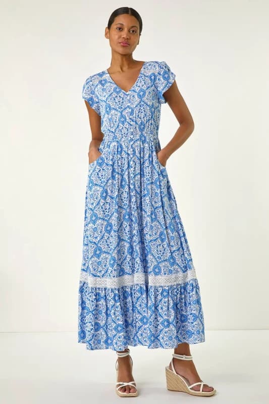 Roman Womens Tile Print Shirred Waist Maxi Dress in Light Blue Size: 14 Light Blue Female 14