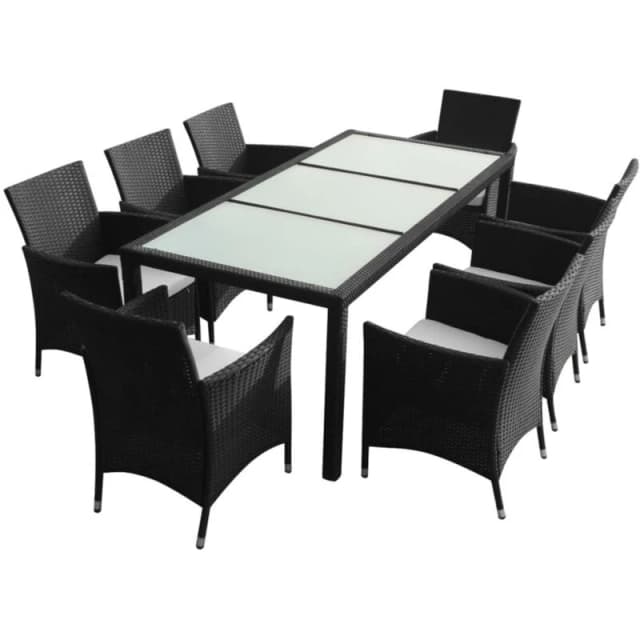 vidaXL Outdoor Dining Set 17 Pieces Poly Rattan Black Glass Tabletop Garden