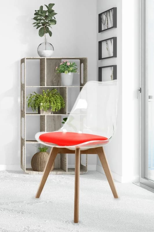 Fusion Living Soho Clear Plastic Dining Chair with Squared Light Wood Legs in Red Red Unisex