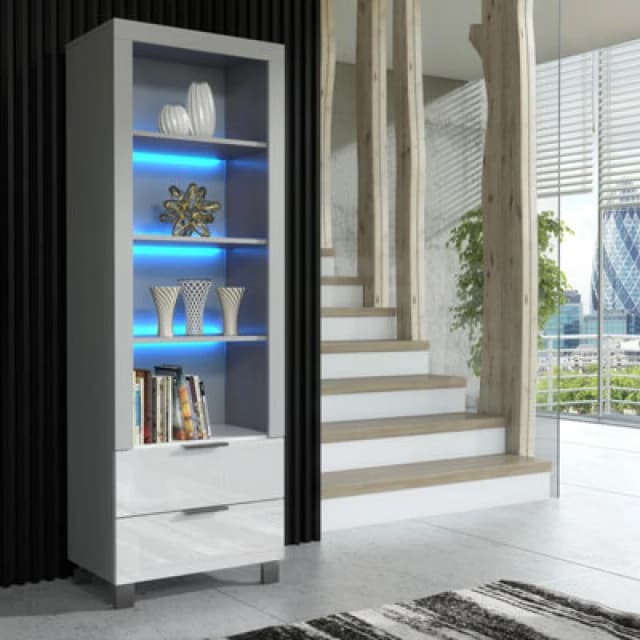 Furneo Display Cabinet Grey White High Gloss Matt Modern Storage Cupboard Blue LED Lights Enzo 18
