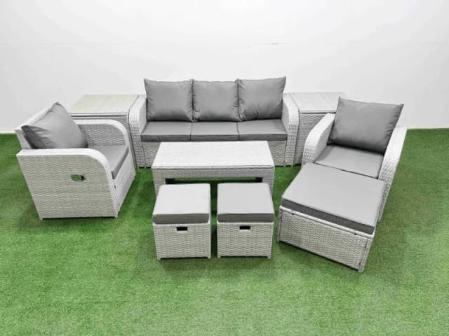Fimous PE Rattan Garden Furniture Set Reclining Chair Sofa Lounge Sofa Set Rectangular Coffee Table 2 Side Table 3 Stools Light Grey Light Grey