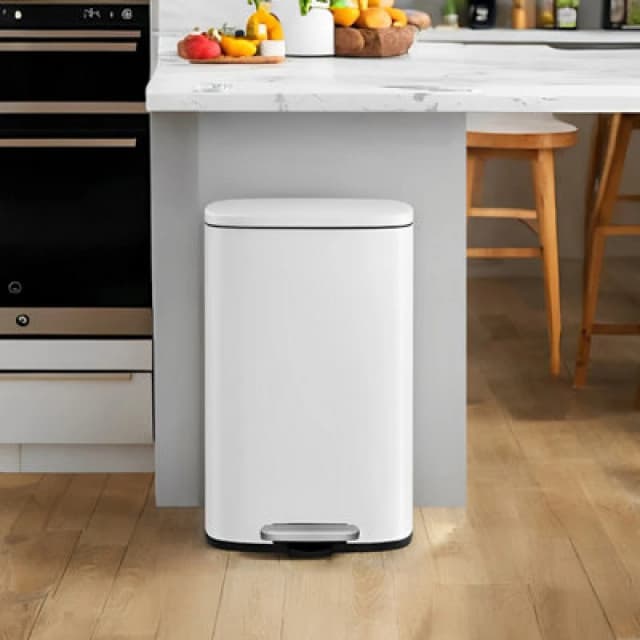 LEDREM Kitchen Bin 50L, Pedal Bin For Kitchen, Rubbish Bin, Soft Close, Step-On Pedal, Steel, Inner Bucket, White Ltb101W01