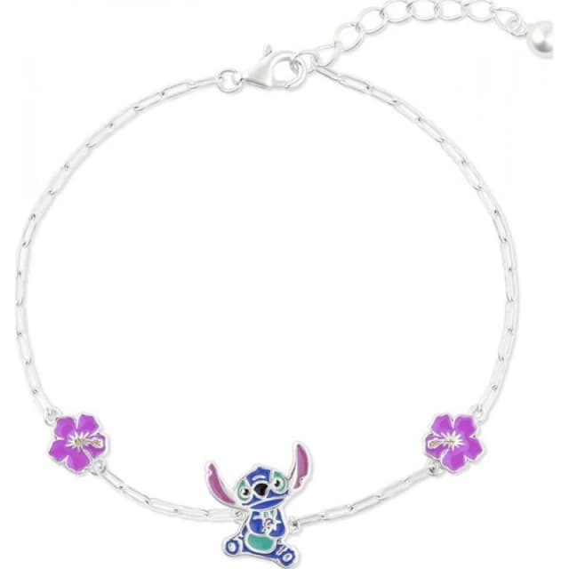 Disney Sterling Silver Stitch and Pink Flower Charm Bracelet
