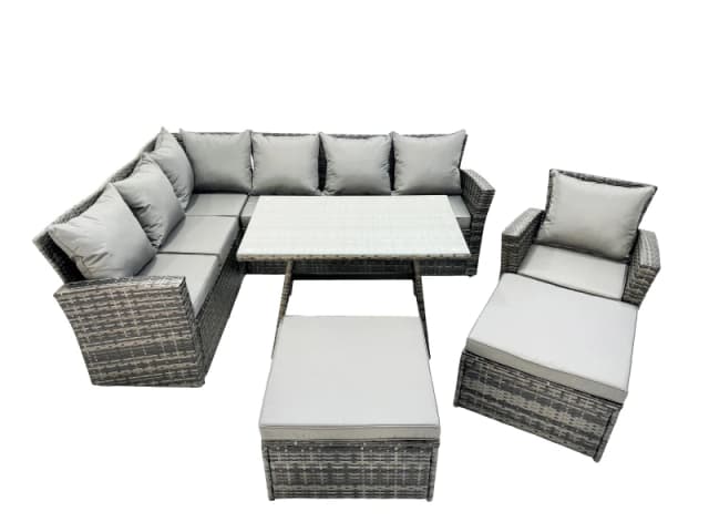 Fimous 9 Seat Rattan High Back Corner Sofa Set with Big Stool in Dark Grey Dark Grey Unisex