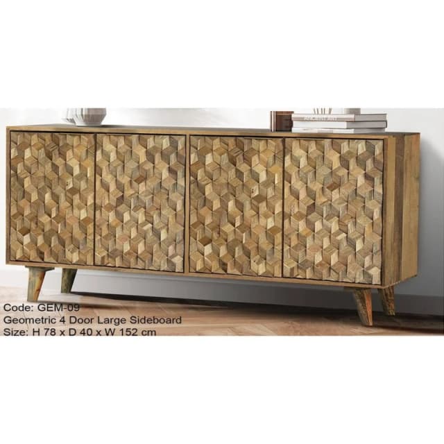 Jaipur Furniture Ltd Geometric 4 Door Large Sideboard - Mango Wood - L40 x W152 x H78cm in Brown Brown Unisex