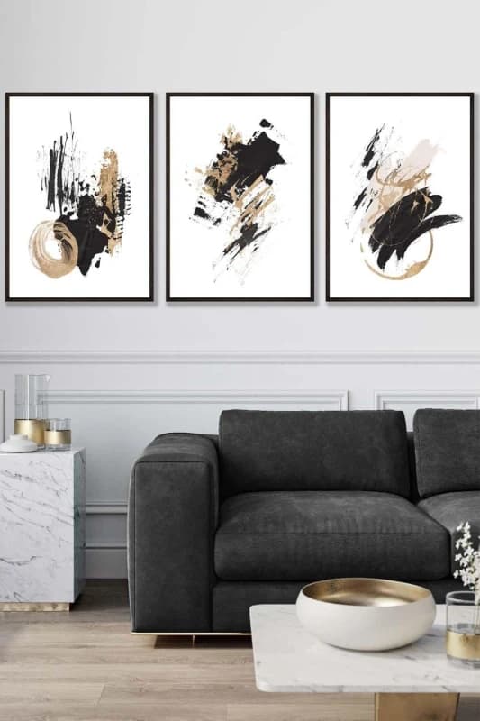 ARTZE Set of 3 Black Framed Abstract Black Ivory & Gold Oil Strokes Wall Art Size: W45cm x H62cm x D20mm Black Unisex W45cm x H62cm x D20mm