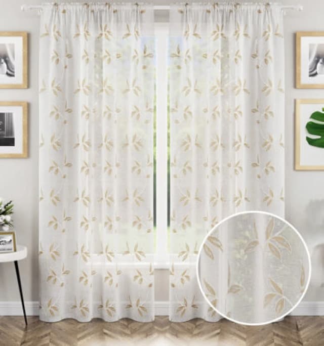 Tyrone Textiles Oasis Embroidered Leaf Design Voile Panels - Pair - Beige Beige 140x137cm