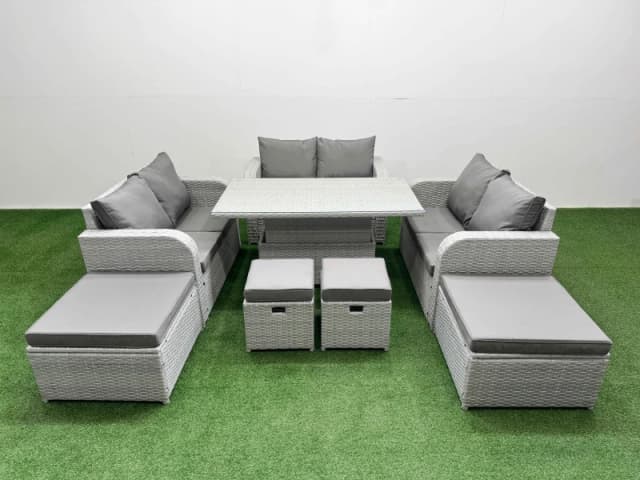 Fimous 8 PCs Rising Dining Table Set Inclining Love Sofa Seat Big Footstool in Light Grey Light Grey Unisex
