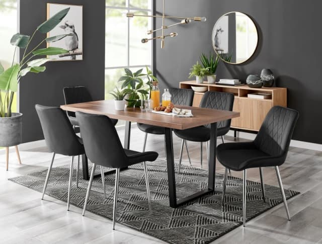 FurnitureboxUK FurnitureboxUK Kylo Large Brown Wood Effect Dining Table & 6 Pesaro Velvet Silver Leg Chairs in Black One Size Unisex 50565426721