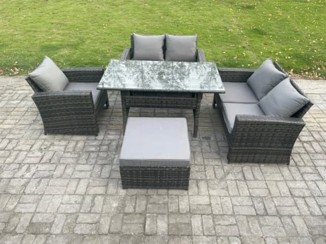 Fimous 6 Seater Wicker Rattan Garden Dining Set Outdoor Furniture Sofa with Dining Table Double Seat Sofa Big Footstool Dark Grey Mixed Dark Grey Unis