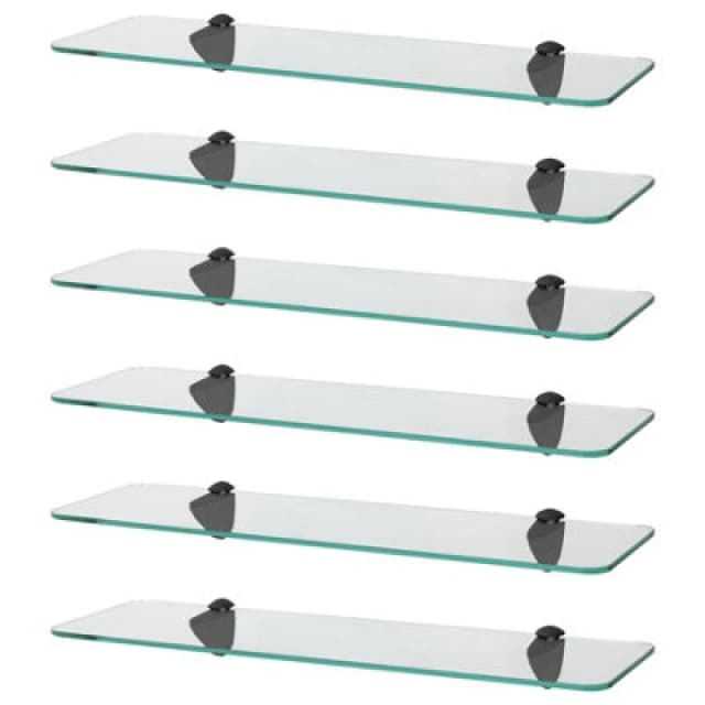Harbour Housewares 6X Rounded Floating Glass Shelves - 50Cm - Black Brackets - Bathroom Shower Storage Vanity Display Unit Shelf