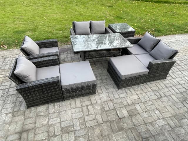 Fimous Garden Furniture Sets 8 Pieces Rattan Furniture Handmade Wicker Patio Sofa Set with 2 Big Footstool Side Table Dark Grey Mixed Dark Grey Unisex