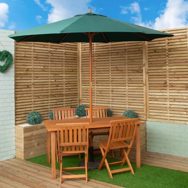 Outdoor 4 Person Rectangular Wooden Garden Patio Dining Table Chairs with Green Parasol and Base Set