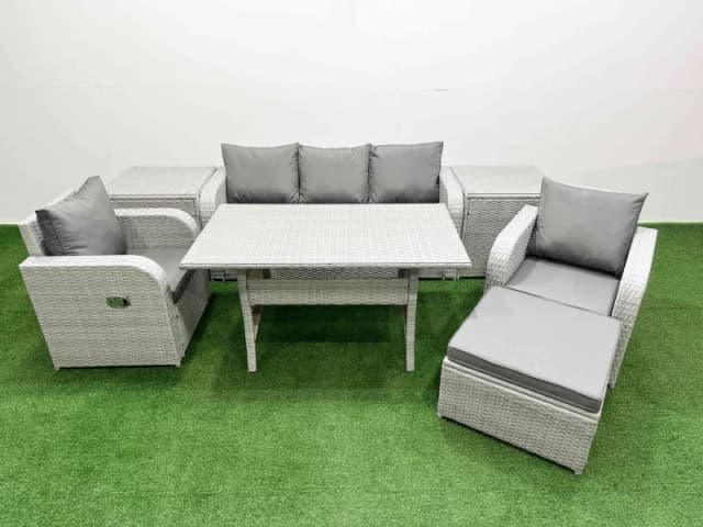 Fimous PE Rattan Garden Furniture Set Reclining Chair Sofa Lounge Sofa Set Rectangular Dining Table 2 Side Table Big Footstool Light Grey Light Grey