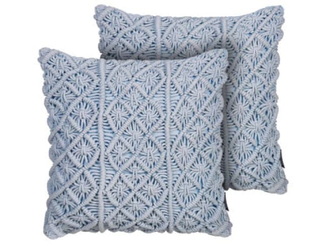 Beliani Set Of 2 Decorative Cushions Goreme Boucle 45 X 45cm Blue Geometric Pattern
