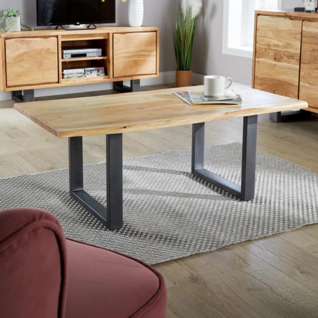 Home Source Live Edge Coffee Table Solid 26mm Acacia Top Black Metal Legs