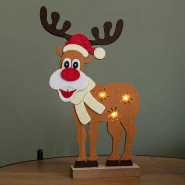 Samuel Alexander Premier 32cm Felt Reindeer with Santa Hat and 3 Warm White LED Brown