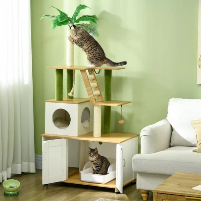 PawHut Pawhut - 2-in-1 Hidden Litter Box with Green Leaf Cat Tree, Indoor - Oak 5056725535216