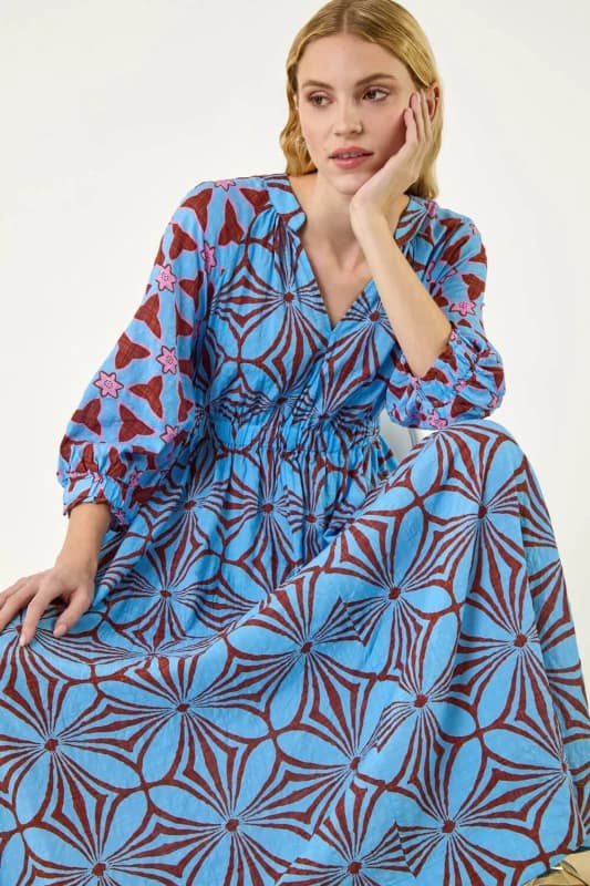 Roman Womens Abstract Print V-Neck Maxi Dress in Blue Size: 16 Blue Female 16