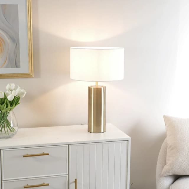 ValueLights Lexy Fabric Drum Shade with Antique Brass Dimmable Touch Table Lamp & LED Bulb White
