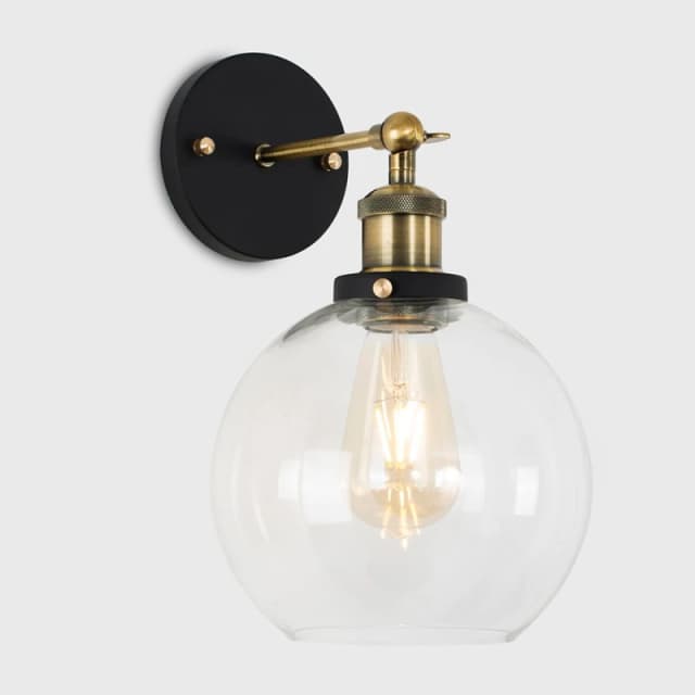 ValueLights Sheridan Pair of Industrial Clear Glass Bowl Gold Trim Black Wall Lights and LED Bulbs Clear