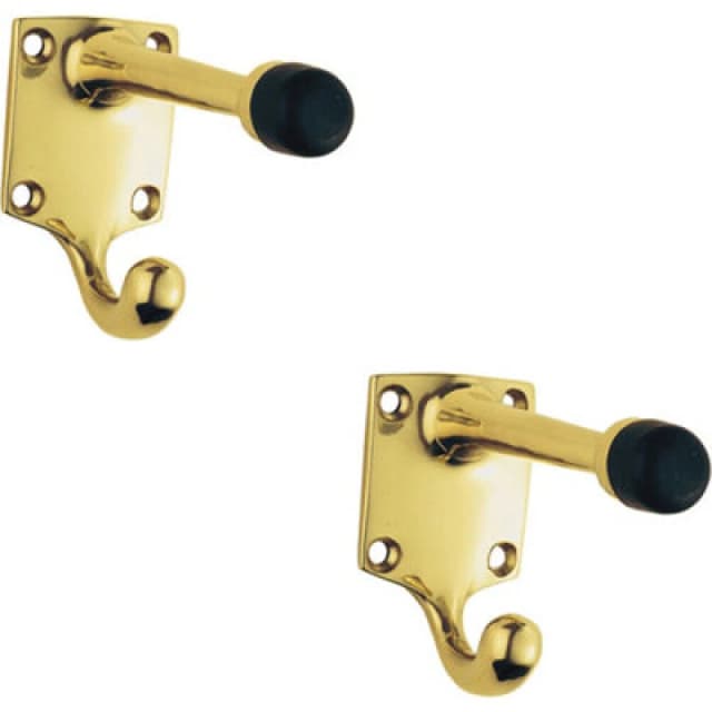 Loops 2x One Piece Hat & Coat Hook with Rubber Buffer 88mm Projection Polished Brass Metallics