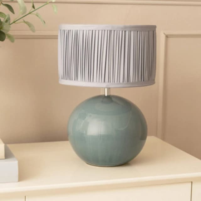 ValueLights Bosco Eucalyptus Ceramic Table Lamp with Ruched Pleated Fabric Drum Lamp Shade Baby Blue