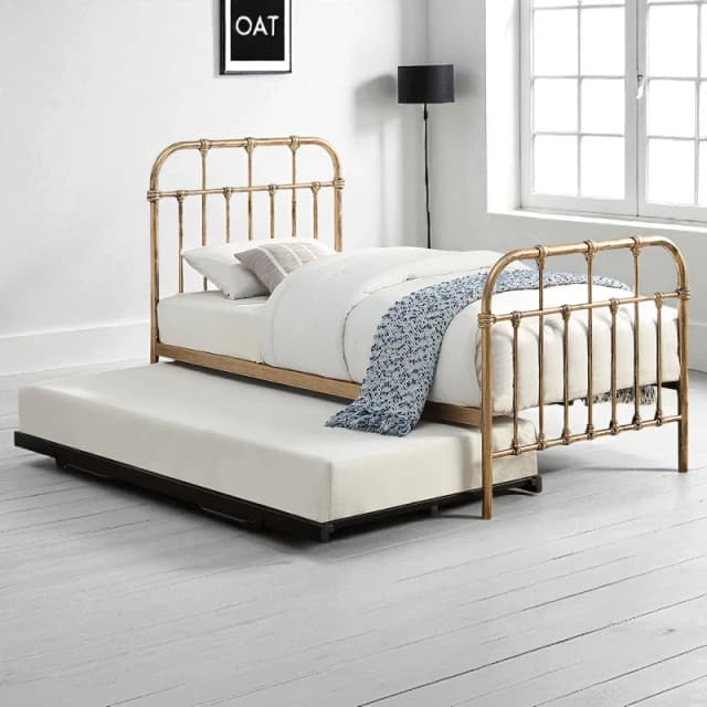 OAT Home Camden Distressed Antique Effect Hospital Style Metal Single Bed Frame & Guest Trundle in Bronze Bronze Unisex Single