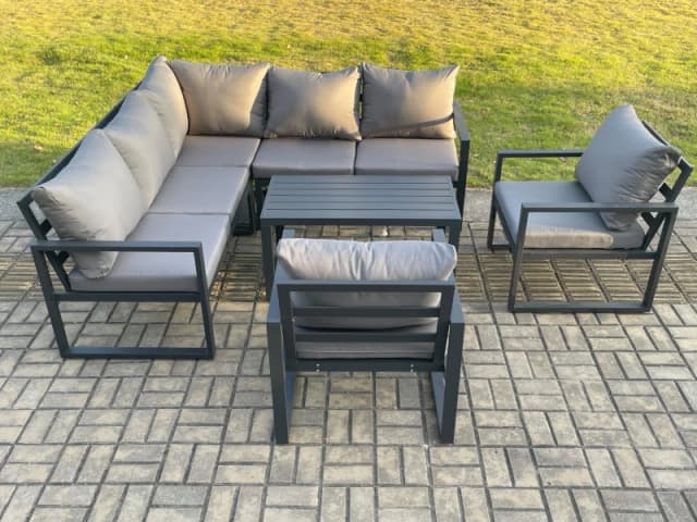 Fimous Aluminium Outdoor Garden Furniture Set Lounge Sofa Oblong Coffee Table Sets with 2 Pcs Chair Indoor Conservatory Set Dark Grey Dark Grey Unisex