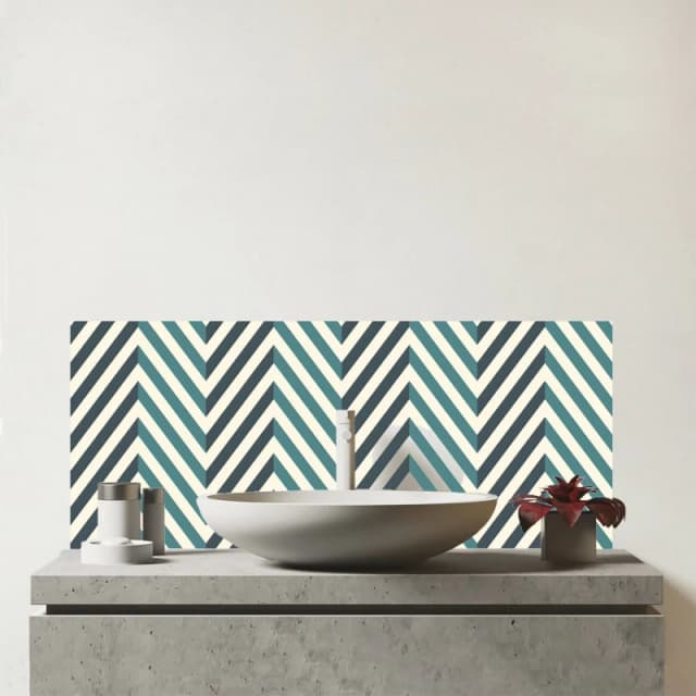 Warren Reed - Designer Geometric Herringbone Chevron Blues Glass Bathroom Splashback in Green Green Unisex
