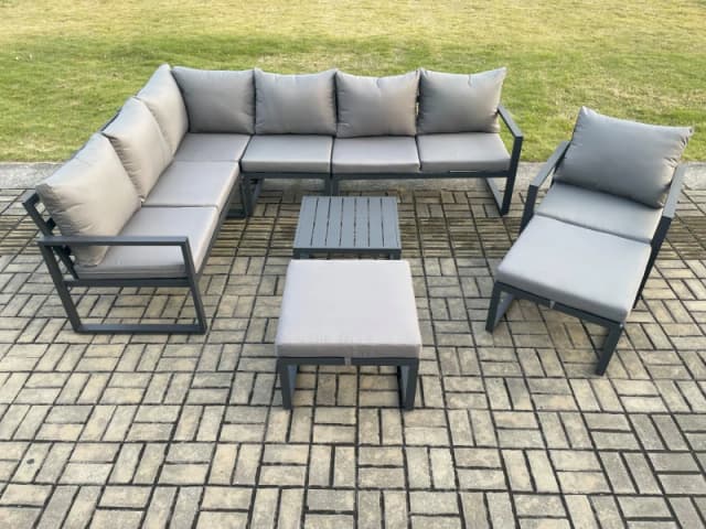 Fimous 9 Seater Outdoor Lounge Corner Sofa Set Aluminum Garden Furniture Sets with Square Coffee Table Chair 2 Big Footstool Dark Grey Dark Grey Unise