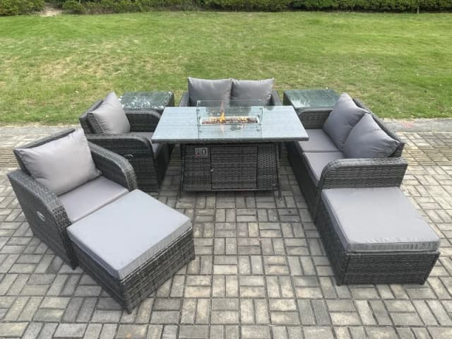 Fimous 8 Seater Rattan Garden Furniture Set Outdoor Propane Gas Fire Pit Table and Sofa Chair set with 2 Side Tables 2 Big Footstool Dark Grey