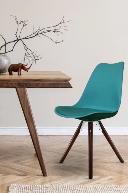 Fusion Living Soho Plastic Dining Chair with Pyramid Dark Wood Legs Teal